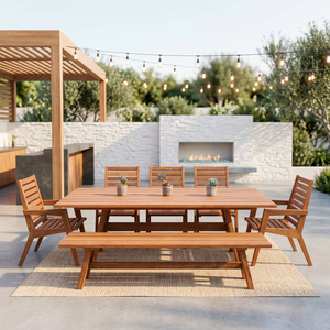 Modern Teak Wood Outdoor Dining Table Set Patio Furniture with <b>Bench</b> for Villa Hotel Resort - Product Image 3