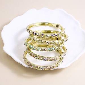 Vintage Christian SSJ Alloy Chinese Hollow Teardrop Cloisonne <b>Bangles</b> Electroplated Pastel Enamel Spring Hinged Women Ethnic - Product Image 1