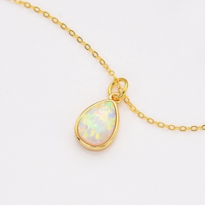 925 Sterling Silver Women Gold Plated White Synthetic <strong>Opal</strong> Water Drop <strong>Necklace</strong> - Product Image 1