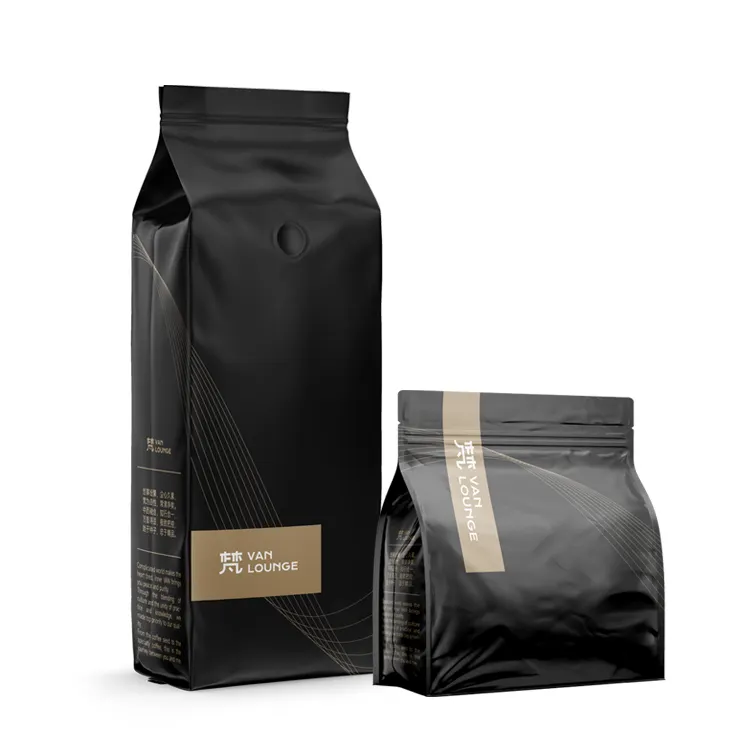 Custom Printed Resealable 100g 250g 500g 1kg Compostable Plastic Ziplock Flat Bottom Stand Up Coffee Pouches Bags With Valve