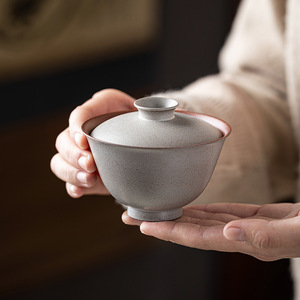 Guanlan Ceramic Gaiwan Gray Pottery Glaze With Lid Round Shape Kung Fu Tea Set Single Household <b>Teacup</b> - Product Image 1