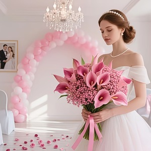 Ensemble de fleurs artificielles artisanales mixtes : Calla, Gypsophile, Roses en soie velours et perles pour décoration murale de mariage, maison, hôtel - Product Image 3