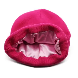 custom silk satin lined lining inside pink winter knitted girls embroidery logo hats caps beanie beanies with satin silk lining