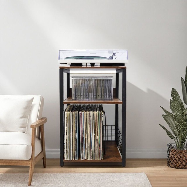 3 Tier Wood Metal Turntable Stand Vinyl Record Storage Rack Audio Amplifier Cabinet CD Display Shelf