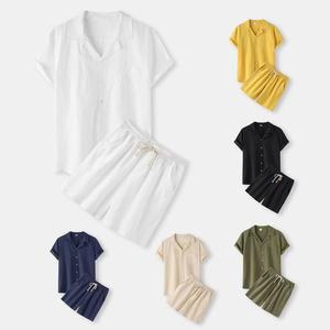 Setelan pakaian kasual leher V pria, kerah V berkancing lengan pendek celana pendek Linen berongga Set dua potong kain Linen laki-laki bercetak - Product Image 2