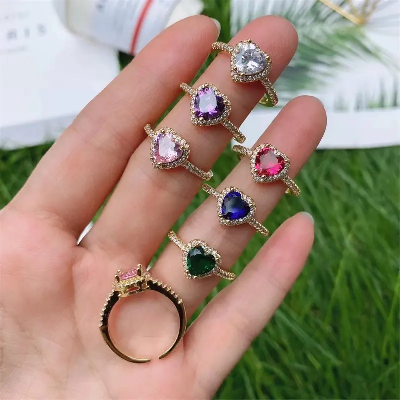 แหวนหัวใจเซอร์โคเนียทรงลูกบาศก์หลากสีของผู้หญิง,แหวนหมั้นเพชรเพทายขนาดเล็กสำหรับงานเลี้ยงแต่งงานสไตล์เกาหลี