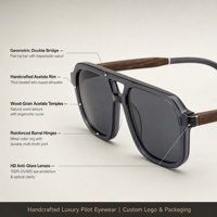 Lunettes de soleil en acétate à double pont pour hommes, style pilote rétro, monture carrée, branches effet bois, protection UV400, vente en gros OEM