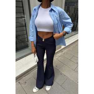 Pantalones de mujer acampanados con detalle de hebilla fruncida, cintura alta, azul marino, transpirables - Product Image 4