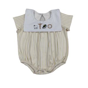Conjunto de mono de manga corta para bebé niña SR3802 con estampado de rayas marrones y diseño de libro cruzado, venta al por mayor - Product Image 1