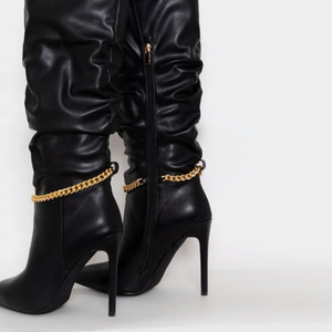 Bottes longues pour femmes, hauteur mollet, bout pointu, talon fin, chaîne noire, bottes hautes pour femmes, nouvelle mode, grande taille 43 - Product Image 4