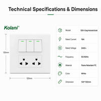 Placa de pared de montaje oculto Kolani de 120 mm cuadrados, interruptor de 3 módulos + toma universal horizontal de seis orificios, panel de PC blanco brillante