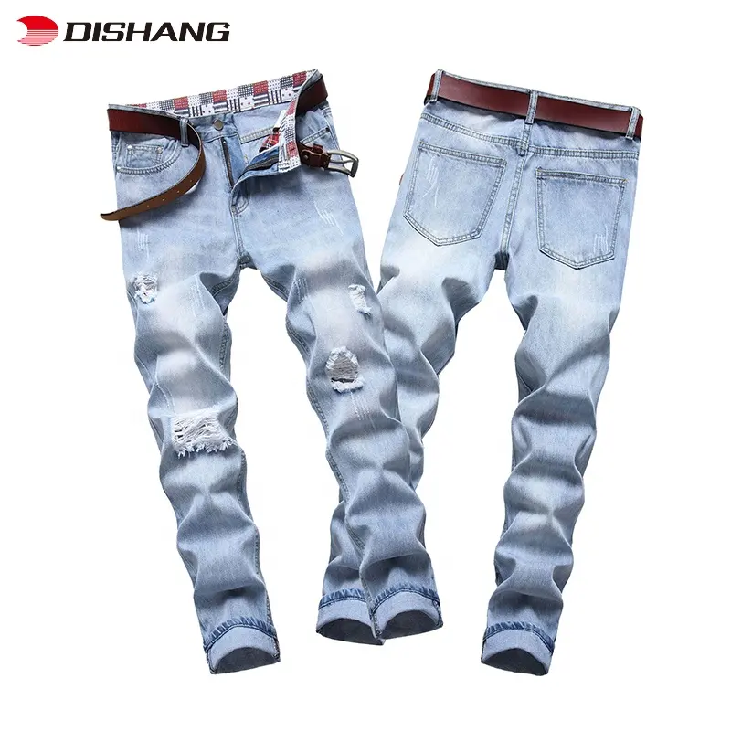 2022 New Style Popular Fashion Casual Streetwear Ripped Skinny Jeans Men Slim Light Blue Straight Mens Denim Jeans