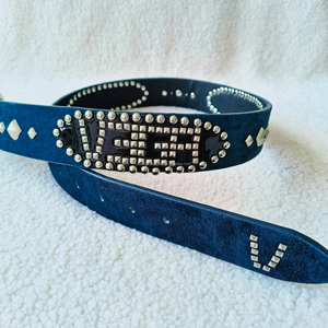 Moda Design rivetto <span class=keywords><strong>borchie</strong></span> e capelli di cavallo <span class=keywords><strong>cintura</strong></span> Jeans donna <span class=keywords><strong>cintura</strong></span> punte in vera pelle nera con fibbia in lega di zinco - Product Image 2