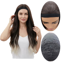 Perruque avec bandeau fabriquée en machine, ondulations corps marron foncé avec mèches argentées, cheveux synthétiques sans coll