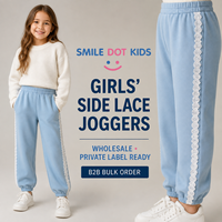 Smiledotkids Pantalons de jogging personnalisés pour enfants, bleu clair, avec bordure en dentelle sur le côté, tissu doux, OEM ODM, vente en gros pour les petites filles, nouveauté