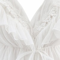 Robe longue de soirée pour femme en mousseline multicouche 120 GSM, manches transparentes, col en V, bordure en dentelle florale, style personnalisé OEM, vente en gros
