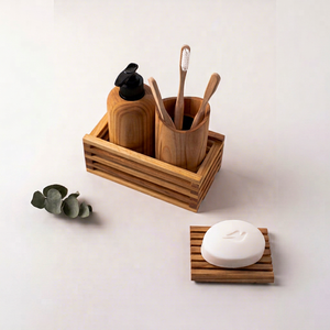 Ensemble d'organisateurs de salle de bain en bois avec porte-savon en résine, gobelet, plateau et porte-brosse à dents pour comptoir de salle de bain - Product Image 1