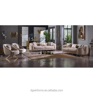 Dongguan furniture factory in China custom home furniture luxury stainless frame living room sofa set with tufting material