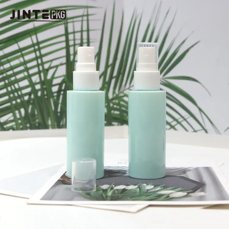 Cilt bakımı için sprey ile yuvarlak plastik PET yeşil enjeksiyon renk şişe vücut yağı saç sis