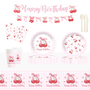 Ensemble de vaisselle sur le thème des fruits DAMAI avec motif cerise Comprend des assiettes en papier rondes, des gobelets, des serviettes Sert 8 personnes - Product Image 3