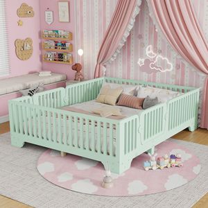 Cama infantil de madera maciza color verde menta con barandilla completa, cama de suelo, muebles duraderos para dormitorio infantil - Product Image 1