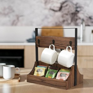 <b>Wooden</b> Cup Holder With Tray Hanging <b>Rack</b> Tea Coffee Bag Organizer Desktop <b>Storage</b> Square Shape Layer Type - Product Image 1