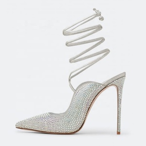 Sandalias de tacón de aguja con tiras cruzadas en el tobillo para mujer, con diamantes brillantes, para fiesta de graduación, zapatos de vestir, tacón fino, punta puntiaguda, con cordones - Product Image 2