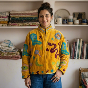 Blouson Bomber en Velours Moutarde Brodé, Col Mandarin, Manches Longues, Broderie à la Main, Veste Automne pour Femme - Product Image 1