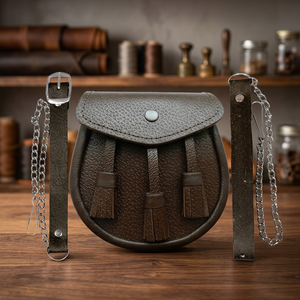 Estuche para Mini Gaitas Escocesas Obexa de Cuero Marrón con Correa de Cadena y Presilla para Cinturón, Hecho en Pakistán - Product Image 1