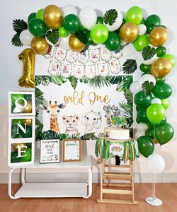 Décoration du premier anniversaire sur le thème de la jungle Décorations pour un anniversaire sauvage Fournitures de fond Chaise haute Bannière Boîte à ballons