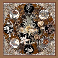 Foulard carré vintage à motif botanique 70x70cm en satin de polyester pour femme, idéal pour tenue formelle ou décontractée