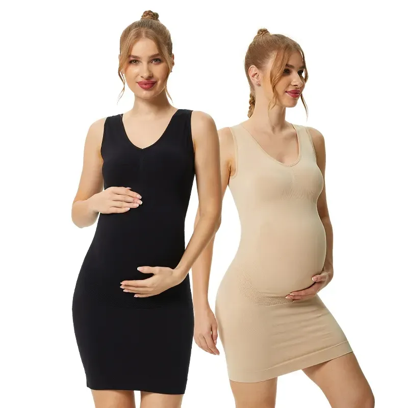 Kolsuz süper yumuşak nefes Bodycon gebelik gündelik giyim bebek duş dikişsiz annelik Tank elbise