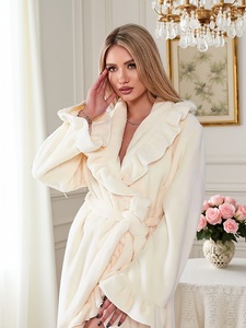 Rosa rosso morbido e caldo in <span class=keywords><strong>pile</strong></span> con volant abito da sposa accappatoio da donna vestito da notte abito da casa - Product Image 6