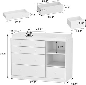 Table à langer classique blanche pour bébé, commode à 5 tiroirs, 2 étagères, station à couches multifonctionnelle pour la chambre des enfants - Product Image 4