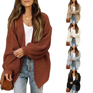 Women's Lantern Sleeve Chunky Knit Cardigan V Neck Loose Solid Color Sweater Coat Autumn Winter Fashion Outerwear - Product Image 1