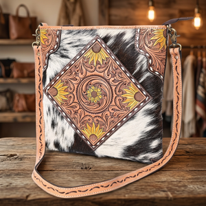Bolso de Cuero Estilo Occidental Sunflower Unisex de Lujo con Bordado, Cierre de Cremallera, Diseño Floral y Solitario, Disponible en Stock - Product Image 3