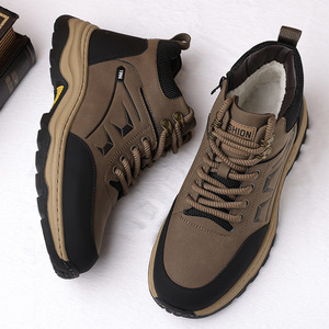 Bottes d'hiver pour hommes, doublées de polaire, chaudes, à tige haute, antidérapantes, en cuir, pour la randonnée, talon plat, couleur unie, kaki, noir - Product Image 3