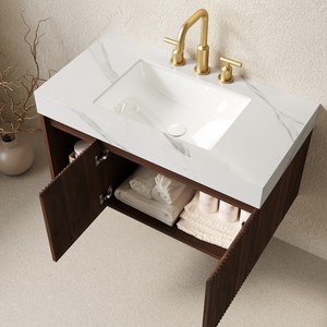 Mobile Bagno <span class=keywords><strong>EIDEN</strong></span> 36 Pollici con Lavabo, Armadietto Sospeso, Top in Pietra Sinterizzata Bianco Carrara e Lavabo in Ceramica con 3 Fori Pre-forati - Product Image 2