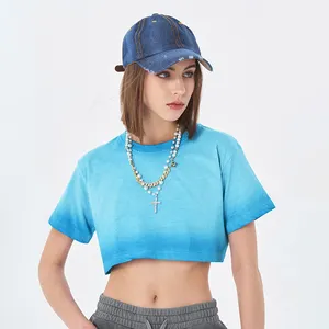 OEM女性レトロセックスクロップドトップ綿100% レディースブランクブルーTシャツカスタムプレーンクロップトップTシャツ女性