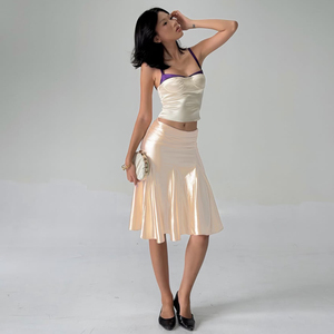 Jupe midi élégante et sexy en satin drapé, taille basse, coupe trapèze, couleur unie, polyvalente, style luxe léger français - Product Image 1