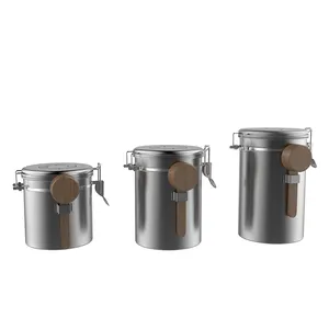 DHPO Wholesale matte black kitchenware kitchen storage jars tea coffee sugar canisters with wood lid with spoon