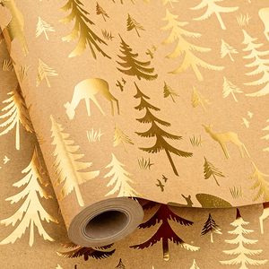 Kraft Christmas <b>Wrapping</b> <b>Paper</b> Roll 17 In X 33 Ft Gold Foil Reindeer Tree Design Recyclable Gift Craft Packaging - Product Image 1