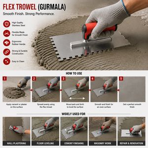 Truelle à plâtrer professionnelle Gurmala à denture crantée avec manche en caoutchouc et lame en acier pour le ciment, le mortier, le nivellement des murs et des sols, et les travaux de maçonnerie - Product Image 4