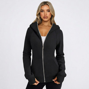 Sudadera con Capucha y Cierre Completo para Mujer, Corte Regular, Color Sólido, Tejido de Algodón y Fibra de Bambú, Ropa de Otoño - Product Image 1