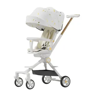 Bebek yürüteci oturabilir ve katlanır döner koltuk iki yönlü yüksek görüş arabası çocuk ışık arabası itme kolu ile awnin