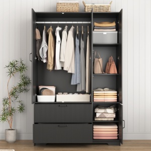 [US Stock] 4 Doors Wooden <strong>Wardrobe</strong> Storage Cabinet <strong>With</strong> Hanging Rod <strong>and</strong> Adjustable <strong>Shelves</strong> Fast Shipping From US MOQ 1 - Product Image 4