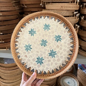 Wholesale Premium Lacquerware Round Rattan Woven Trays With Mother of Pearl Inlay
