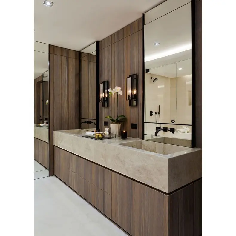 Artisan Modern New Modern Wooden Veneer Cabinets Design Marble Stone Bathroom Sinks With Mirror