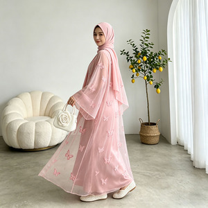 Eid Ramadan Pink Butterfly Abaya <b>Set</b> Satin Dress Women Elegant <b>Modest</b> Islamic Wear 3 Pieces Wholesale - Product Image 4