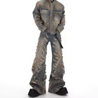 Ensemble de vêtements de luxe personnalisé à faible MOQ, imprimé diamant effet délavé, style streetwear hip-hop, comprenant une veste et un pantalon en jean déchiré pour hommes